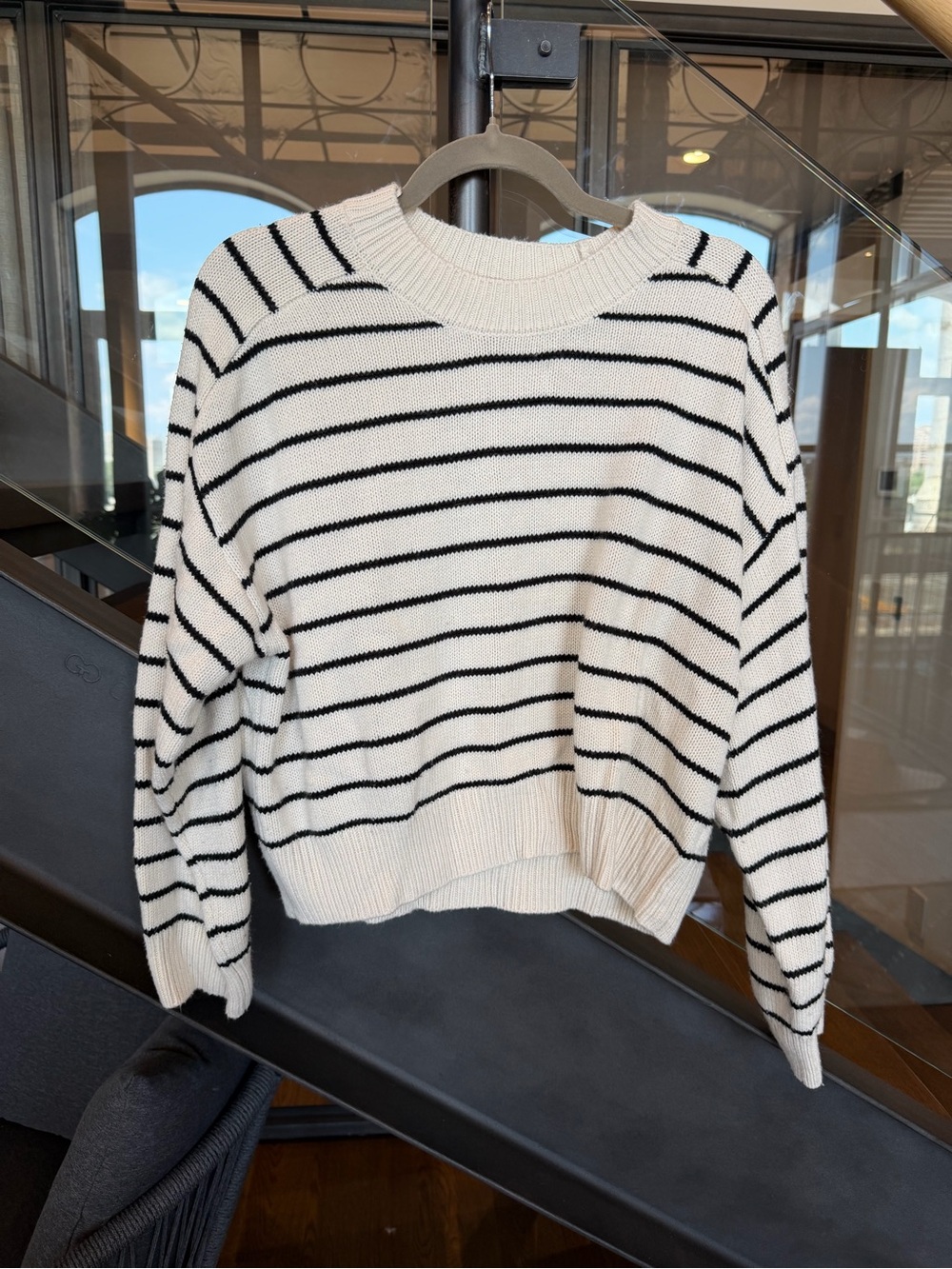 T Tahari Striped Crewneck Sweater - Black & Cream